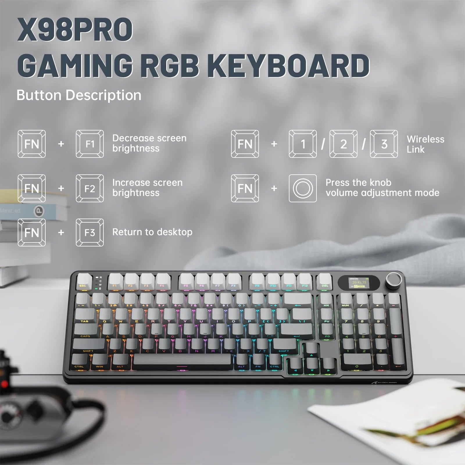 Attack Shark X98PRO 3-Mode RGB Bluetooth Wireless Mechanical Keyboard Full Key Hot-Swappable TFT Color Display Rotary Keyboard