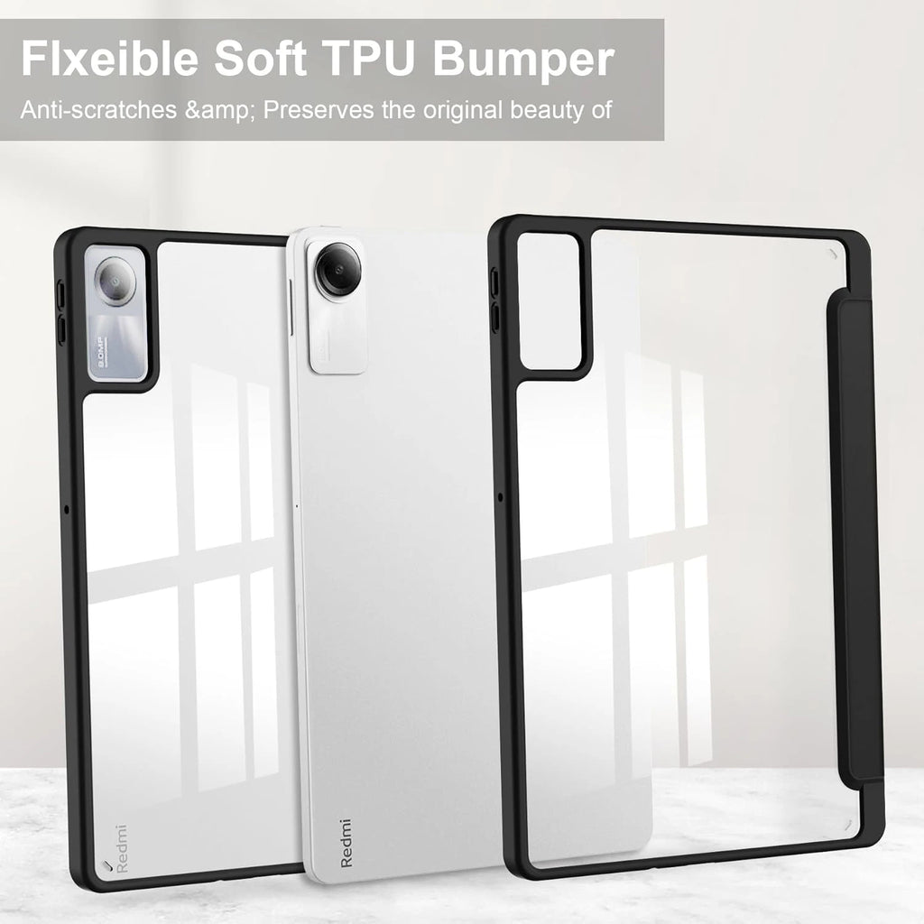 Tri-Folding Flip Tablet Cover For Xiaomi Redmi Pad SE 11 inch 2023 Acylic Transparent Back Case Pencil Holder Auto Sleep/Wake