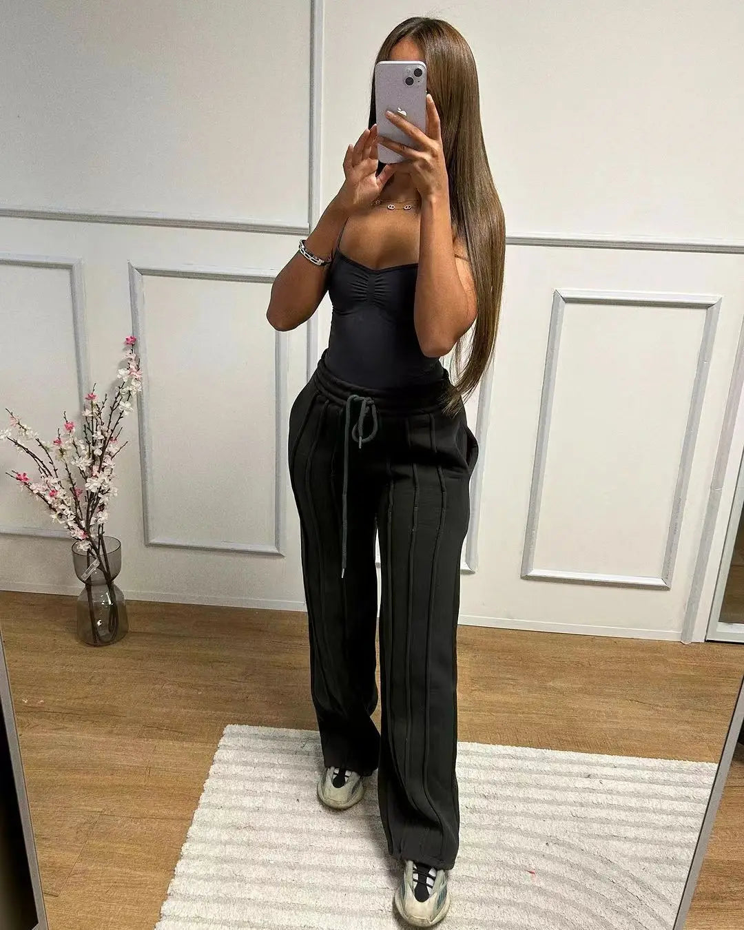 Women Pants Lace Up Ankle Length Loose Pants High Waist Zipper Capris Tracksuit Elegant Party Y2k Mom Pockets Streetwear Casual