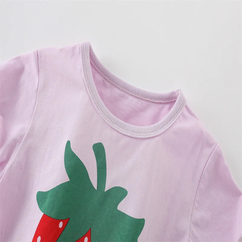 Jumping Meters 100% Cotton 3-8T Strawberry Girl 2 PCS Sets Baby Outfits Summer Tops + Shorts Children's Clothing Toddler Outfits