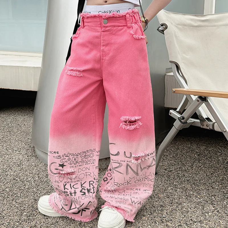 junior girls pink gradient color hole wide leg jeans cotton teenager kids Mop pants pant children trousers adolecentes 4 12 14