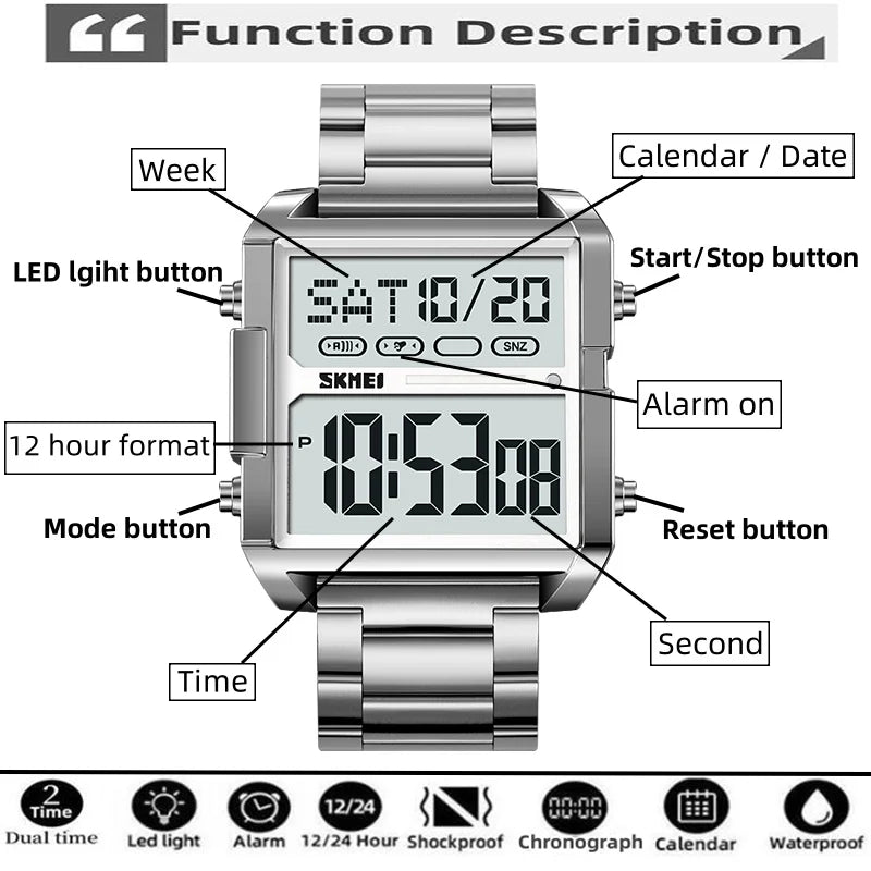 Skmei Luxury Brand Steel Strap Digital Watches for Mens Dual Time Zone Waterproof LED Chronograph Fashion Date Week Alarm Clock