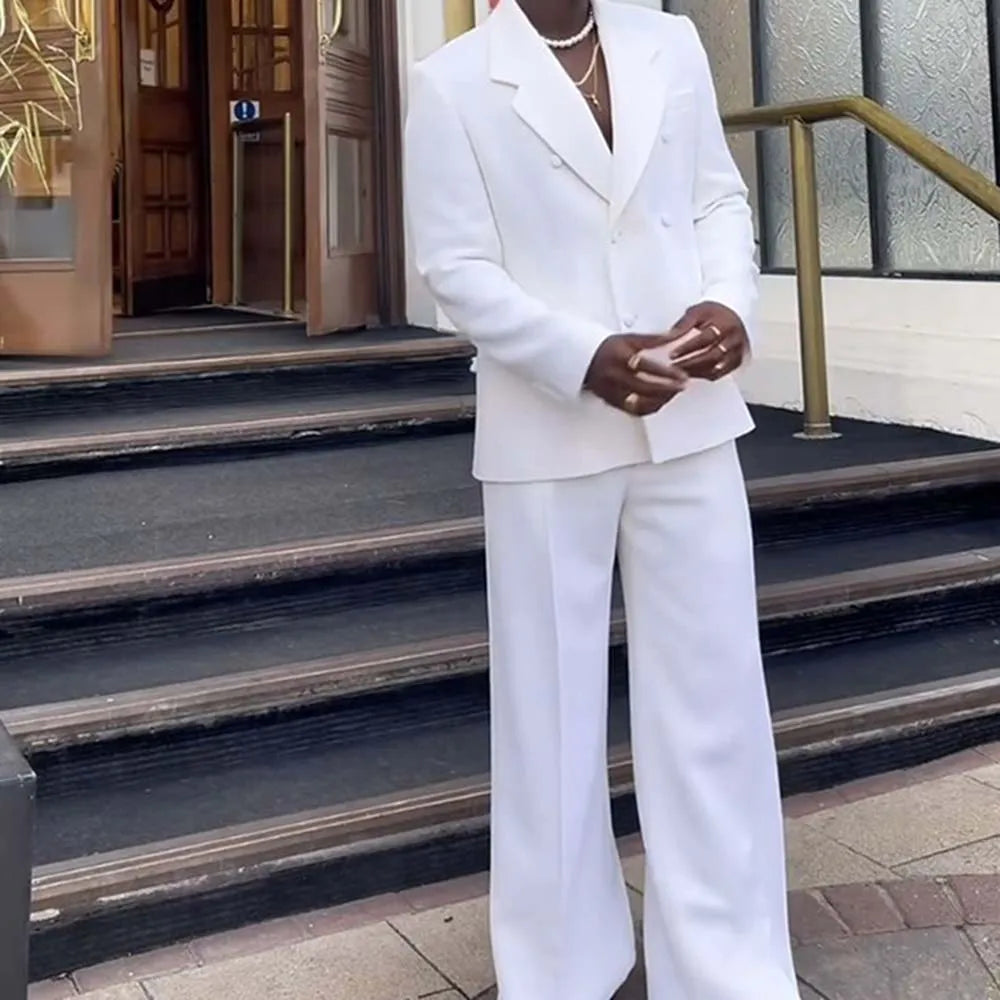 Luxury White Suits for Men Double Breasted 2 Pieces Jacket Pants Blazers Sets Smart Banquet Party Business Male Clothing