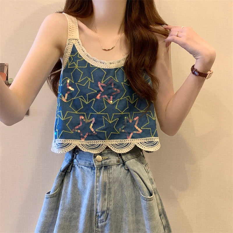 Star Embroidered Crochet Tank Top for Women Sleeveless Crop Camis Teen-girl Bohemian Spring Summer 2026 Festival Outfit