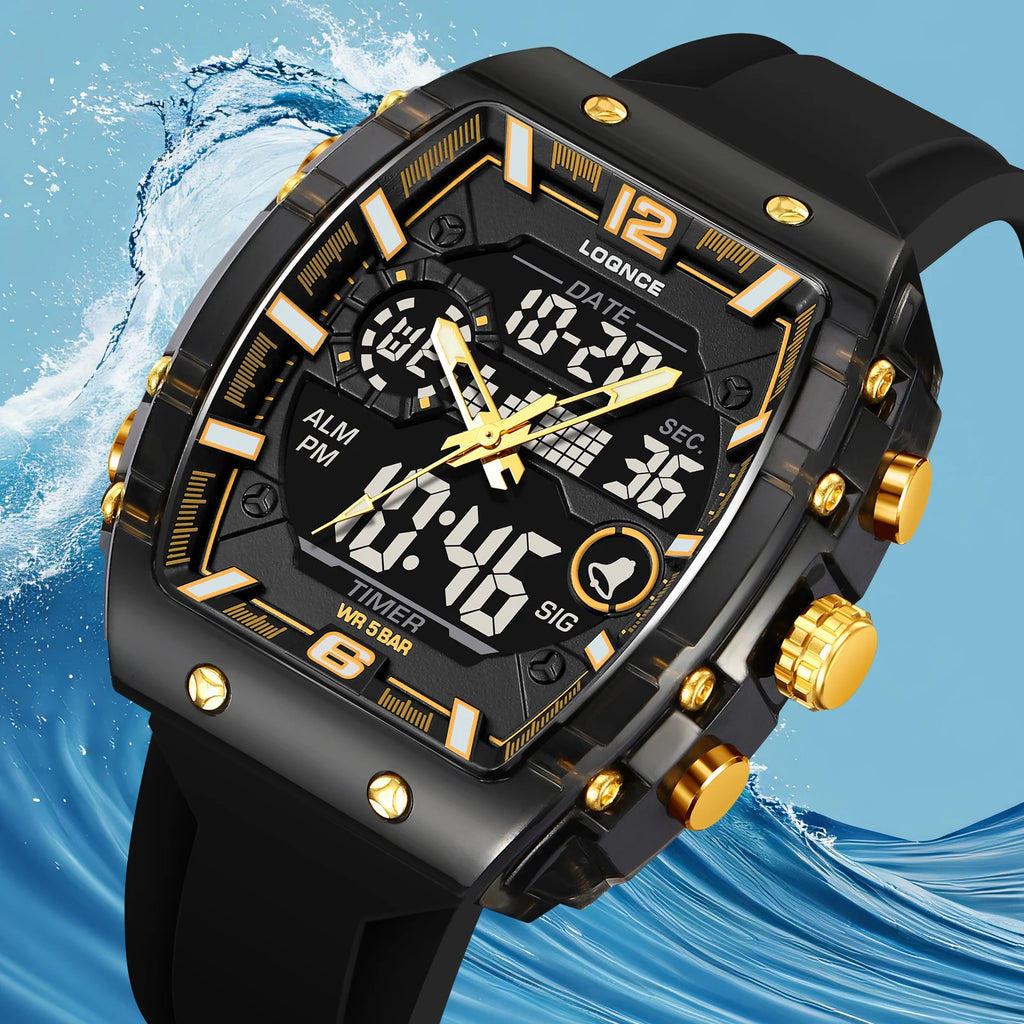 Fashion LOQNCE 98003 Men's Watch High Quality Analog-Digital Dual Movement Calendar Luminous 50M Waterproof Watch Silicone Band