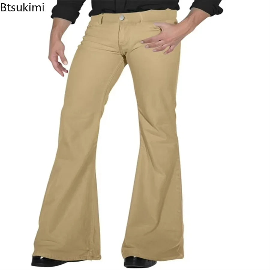 2026 Fashion Men's Vintage Disco Flared Pants Solid Stretch Slim Fit Trousers Hippie Style Casual Wide Leg Pants Male Streetwear