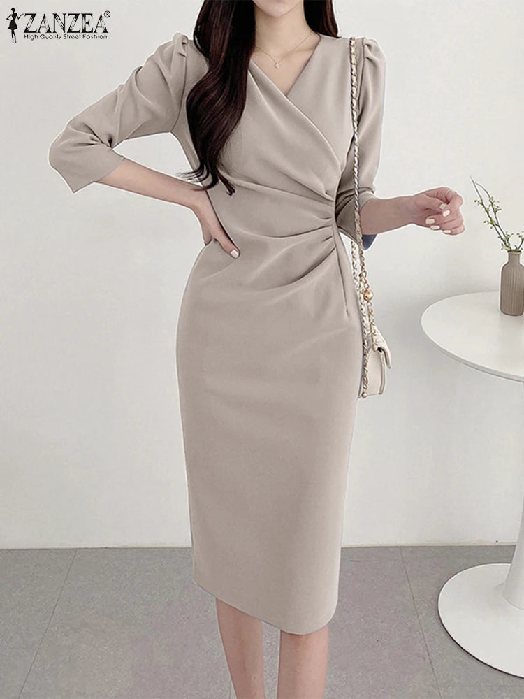 ZANZEA Autumn Women Elegant V Neck Bodycon Dress Ladies Party Club Dresses Fashion Work OL Vestidos 2024 Spring Women's Clothing