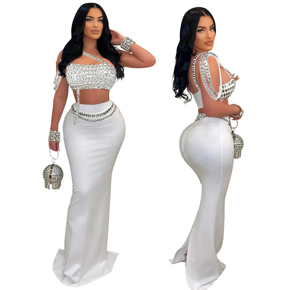Women Dress Sets Floor Length Buttocks Skirts Two Pieces Set Matching Sets Diamonds Camisole High Street Party Night Evening