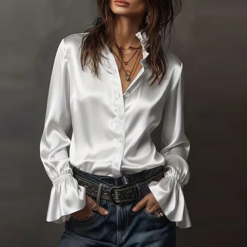Elegant Blouses For Women Spring Autumn Satin Shirt Women Fashion Flare Long Sleeve Button Silk Blouse All Match Office Lady Top