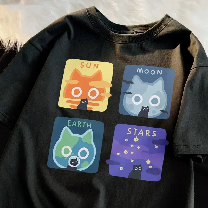 Cartoon Cute Cat and Dog Pattern Fun WomanT-Shirt Street Comfortable Soft Tops Creative Fashion Women's T-Shirt Clothing Y2K Top
