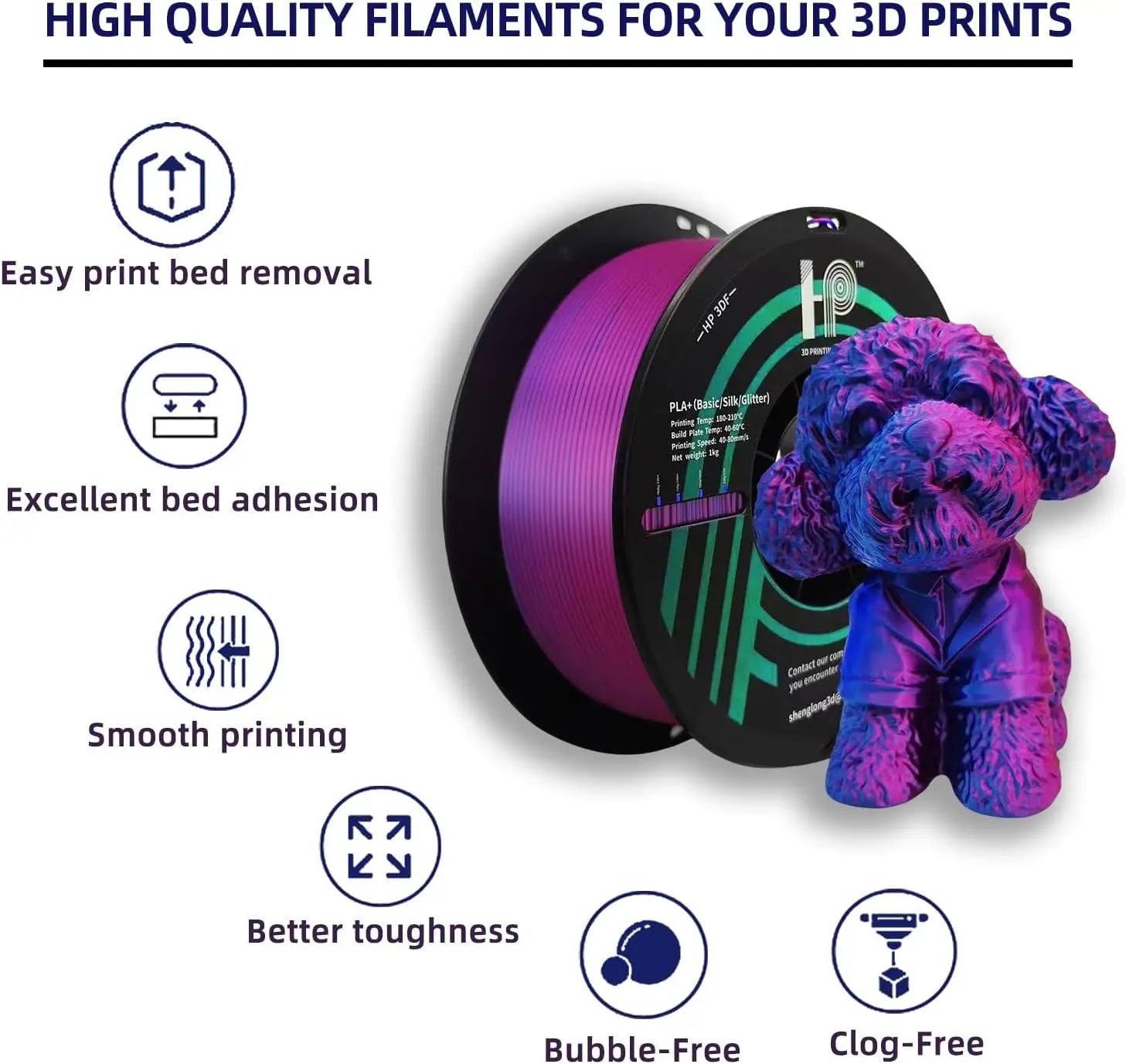 3D Printer Filament,HP3DF PLA Filament,1.75mm Dimensional Accuracy +/- 0.02mm, 1KG Spool (2.2 lbs),Fit Most FDM Printer (Mystic）