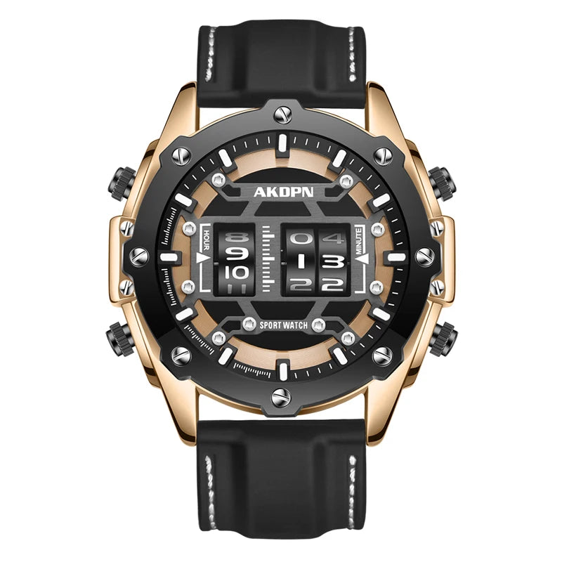 Men Quartz Watch Roller Digital Dial Design Silicone Strap Versatile Wristwatch Clock Waterproof Military Sports Clock
