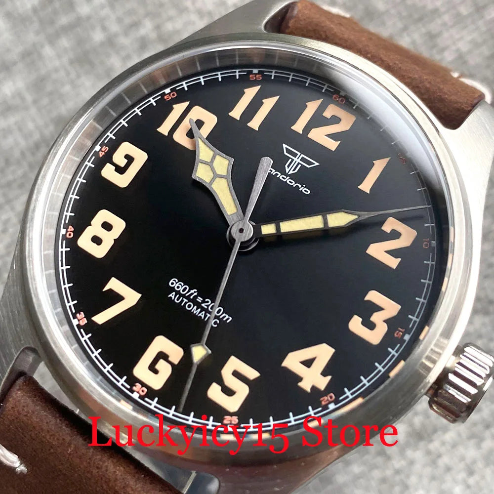 Tandorio Automatic Pilot Watch 39MM 20ATM NH35/PT5000 Movement Wristwatch Leather Strap Sapphire Green Lume Vintage Black Dial
