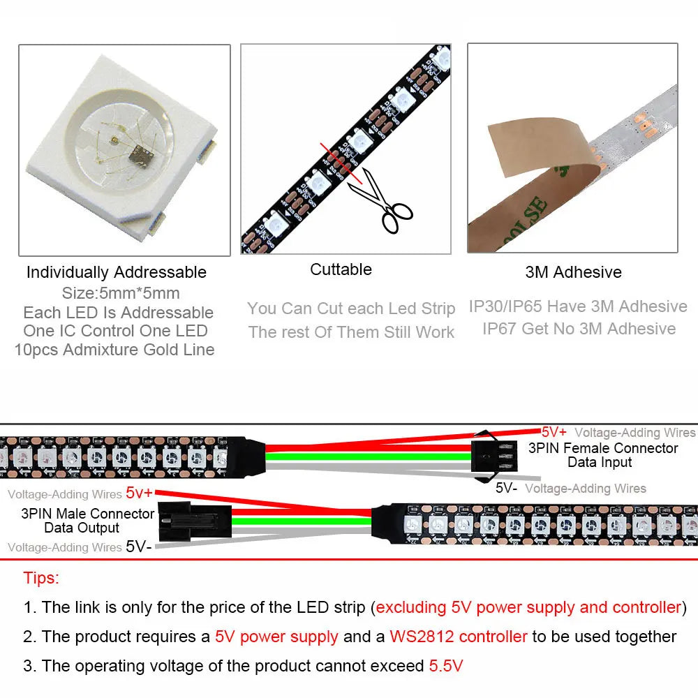 5V WS2812B WS2812 Digital Flexible Individually Addressable Pixel Led Strip RGB LED Strip 30/60/74/96/144Pixel/Leds/M Tape Light