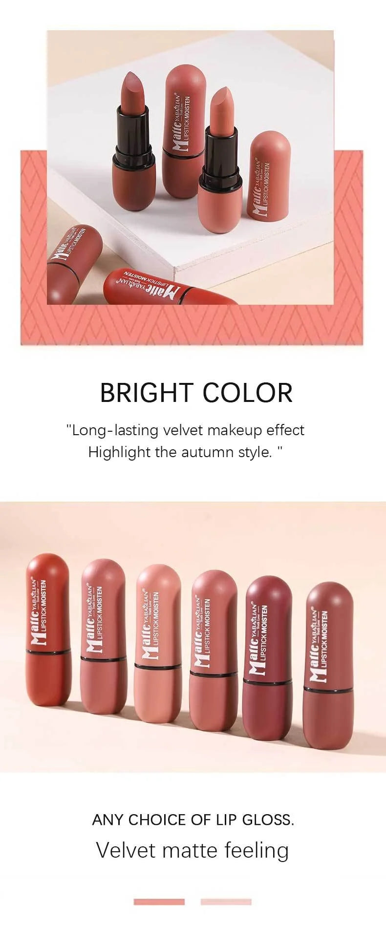 6 Colors Sexy Matte Lipstick Waterproof Long Lasting Color Rendering Non-stick Nude Brown Lipstick Pencil Woman Makeup Cosmetics