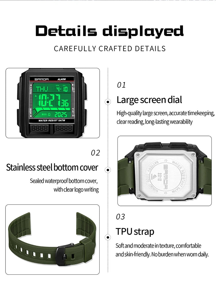 SANDA 2212 Fashion Electronic Watch Alarm Clock Luminous Calendar Water Resistant Shockproof Sports Digital Watches for Man