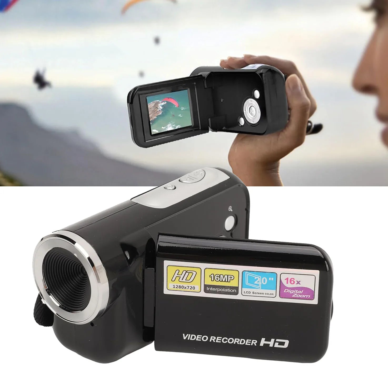 MiniDV Digital Video Handheld Camcorder is a high-definition camcorder with a sleek silver designdigital zoom