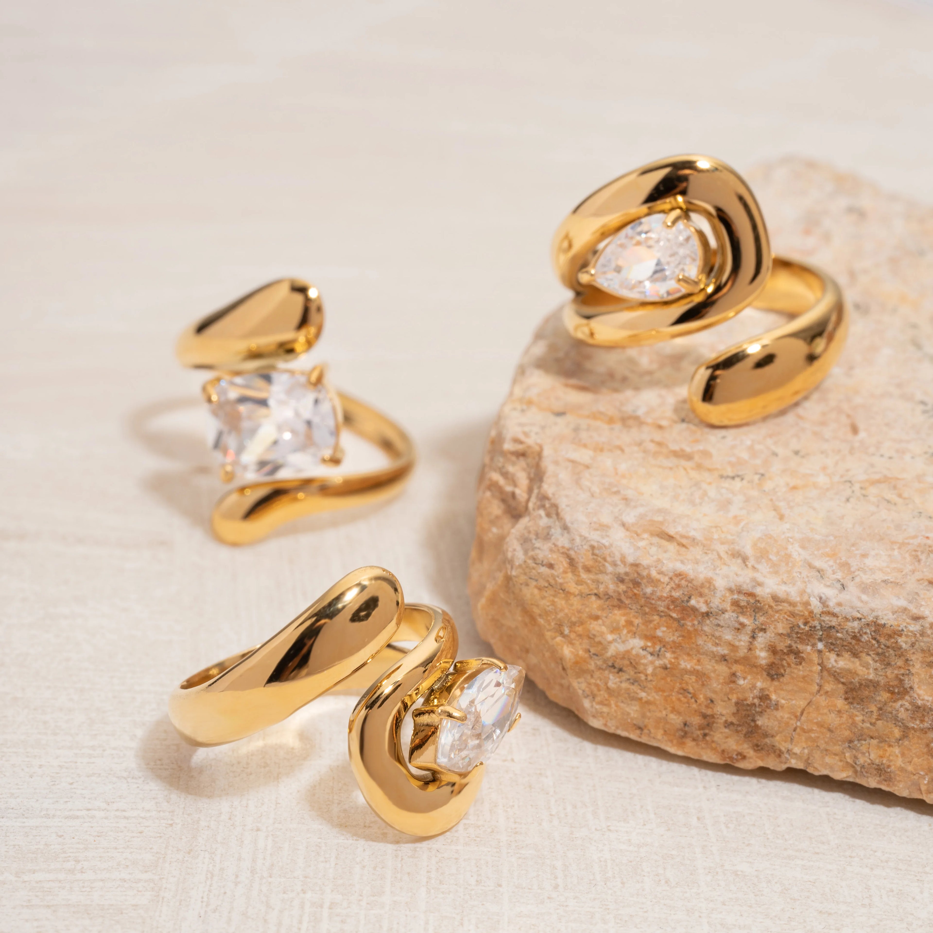 18K Gold Plated Stainless Steel Water Drop Shaped Large Zircon Opening Ring Anti Allergic Women Waterproof Statement Jewelry