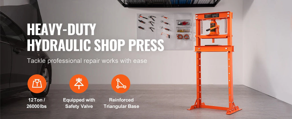SucceBuy 6/12T Hydraulic H-Frame Garage Floor Adjustable Shop Press with Plates 6T/12T Orange for Garages or Professional Shop