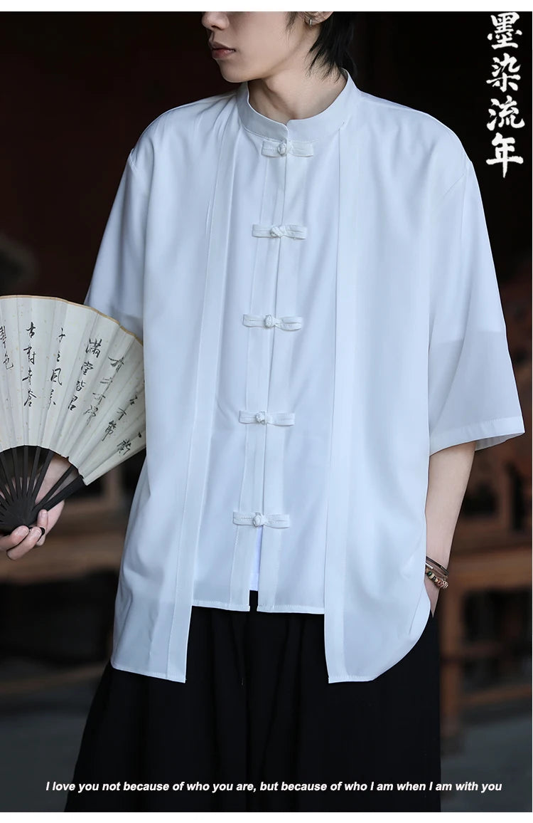 Chinese Shirt Men Ice Silk Chinese Style Comfortable Breathable Retro Shirt  Men Casual Summer Loose Fit Fashion Solid Color Top