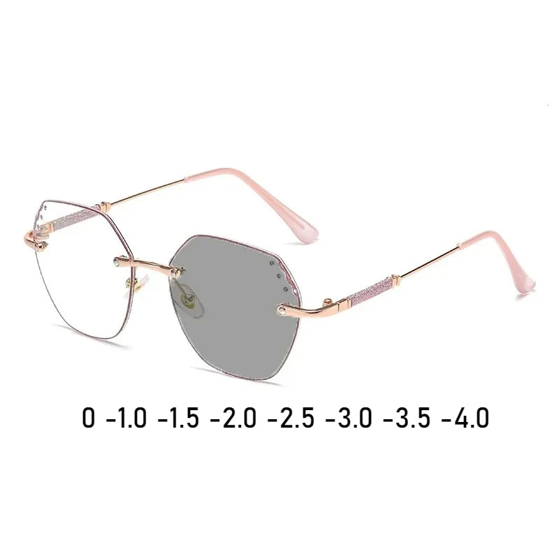 Shining Rimless Photochromic Myopia Glasses for Women Oversize Blue Light Blocking Computer GLasses UV Protection Sunglasses