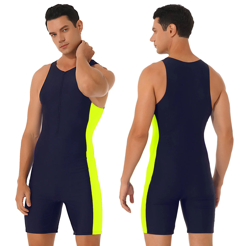 Mens Swimwear One-piece Wetsuit Swimming Bathing Suit Round Neck Sleeveless Side Shorts Bodysuit Triathlon Front Zipper Swimsuit
