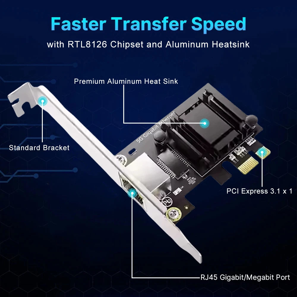 5Gbps Pcie to RJ45 Network Card Realtek 8126 100Mbps/1G/2.5G/5G RJ45 Interface Gigabit Ethernet PCI Express X1 X4 X8 X16 Adapter