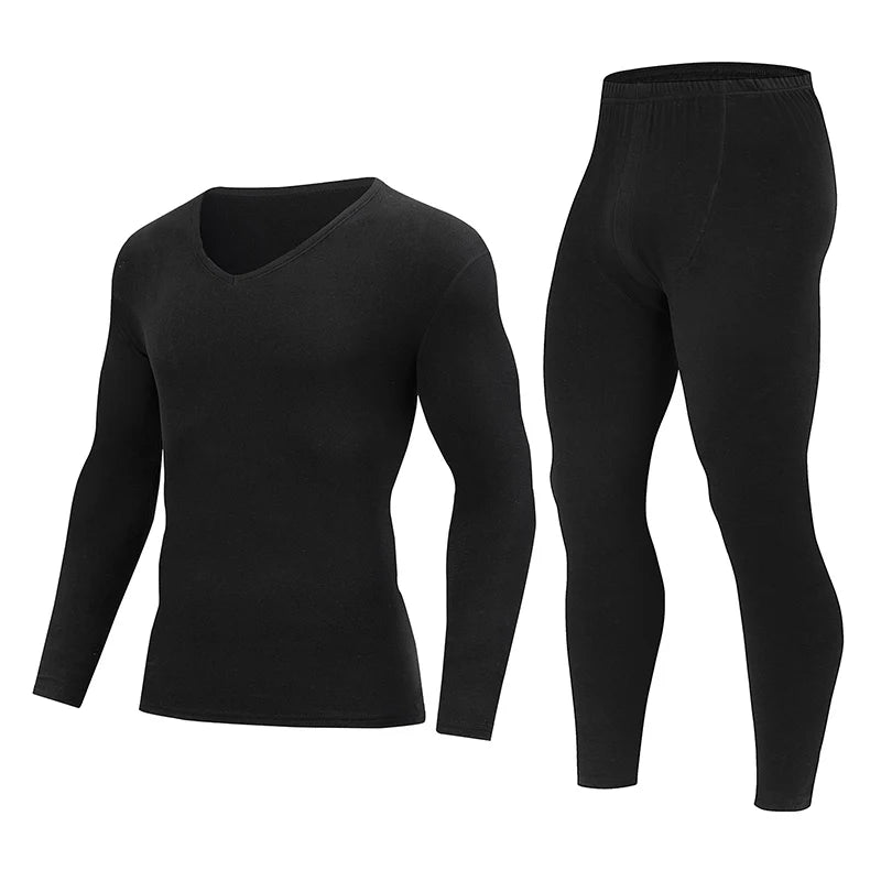 2-piece Men's Autumn And Winter Solid Color Casual V-neck Basic Warm Underwear Set Comfortable Sports And Fitness Base Shirt