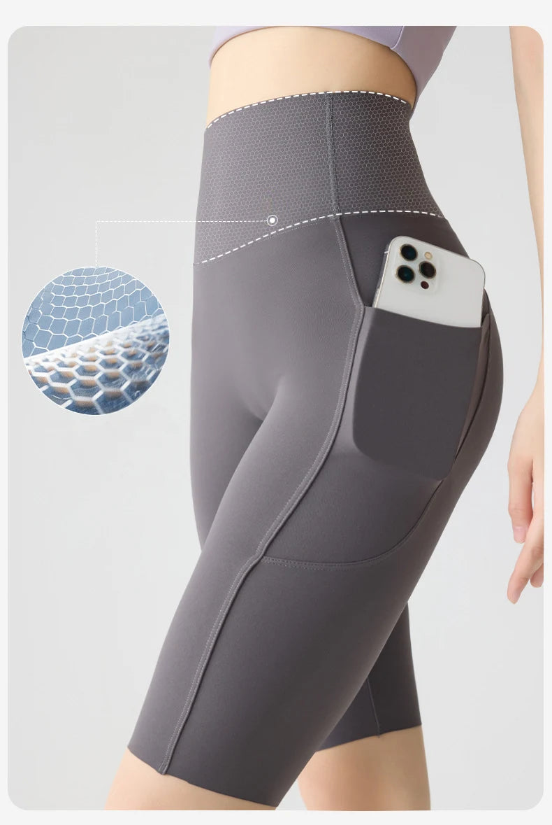 BIVIGAOS Summer Pocket Yoga Sharkskin Bicycle Shorts Women Thin High Waist Push Up Naked Feeling Sports  Fitness Cycling Shorts