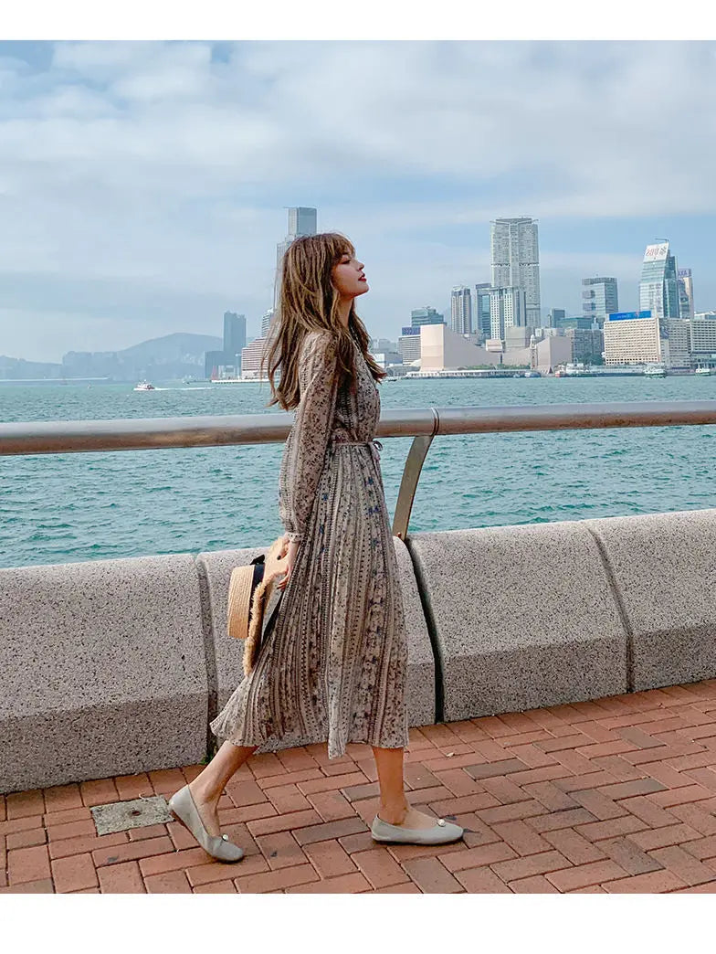 Retro Dress Spring Summer Long Sleeve Floral Chiffon High Waist Court Over Knee Popular Inside Women's Dress 2022Vestidos Office