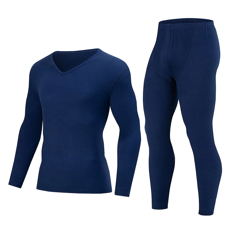 2-piece Men's Autumn And Winter Solid Color Casual V-neck Basic Warm Underwear Set Comfortable Sports And Fitness Base Shirt