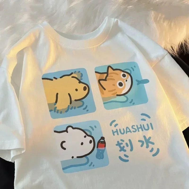 Cartoon Cute Cat and Dog Pattern Fun WomanT-Shirt Street Comfortable Soft Tops Creative Fashion Women's T-Shirt Clothing Y2K Top