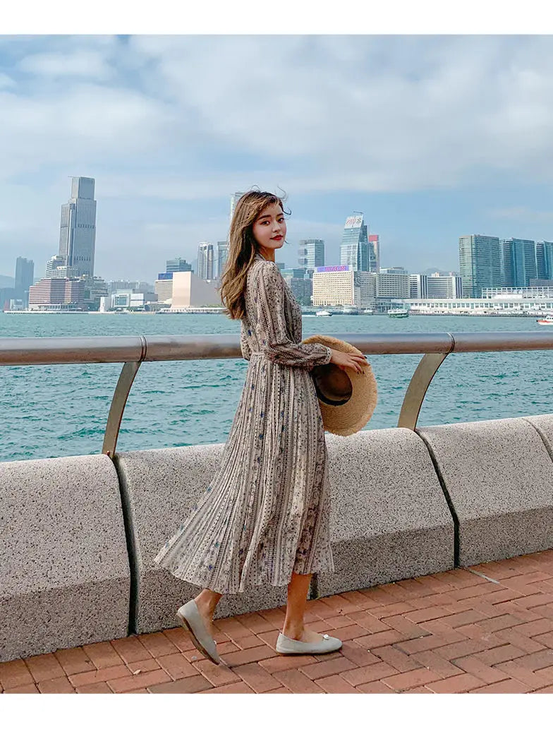 Retro Dress Spring Summer Long Sleeve Floral Chiffon High Waist Court Over Knee Popular Inside Women's Dress 2022Vestidos Office
