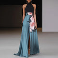 Sexy Flower Printed Split Backless Women Dresses Summer Sexy O Neck Sleeveless Robe Dress Elegant High Waist Hollow A-Line Dress