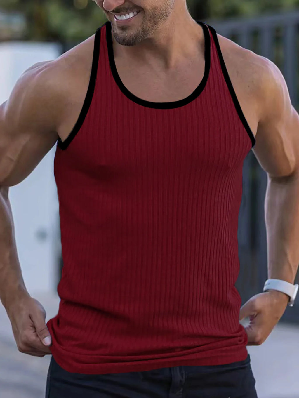 Summer Knitted Vertical Stripe Fitness Slim Vest for Men, Color-blocked Tank Top