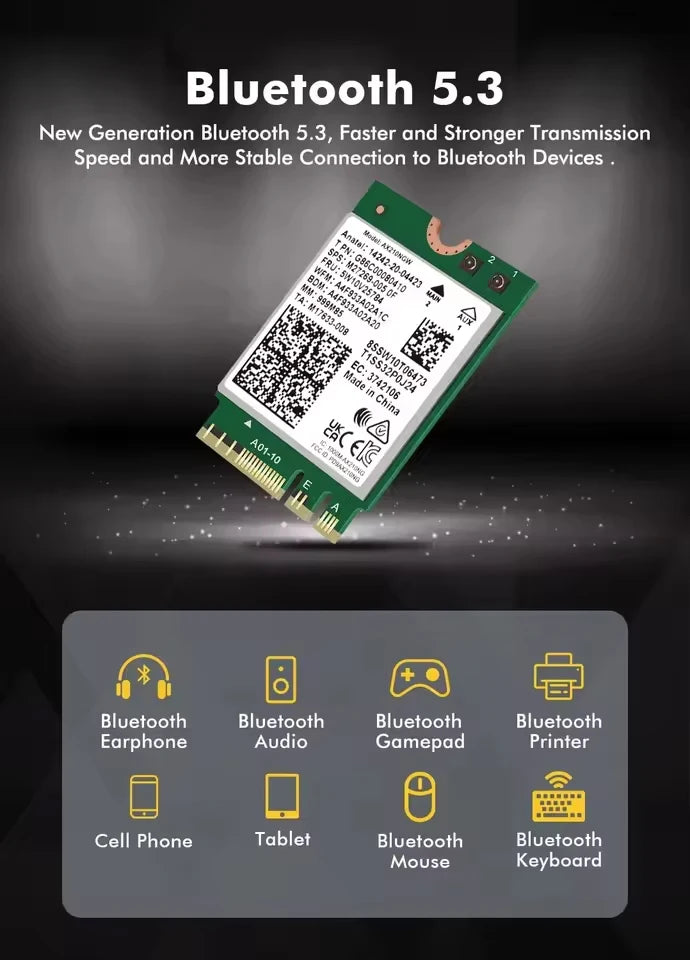 WiFi 6E AX210 Wireless Card 5374Mbps BT5.3 Tri-Band 2.4GHz/5GHz/6GHz 802.11ax High-Speed Network Adapter AX210NGW Fow Win10/11