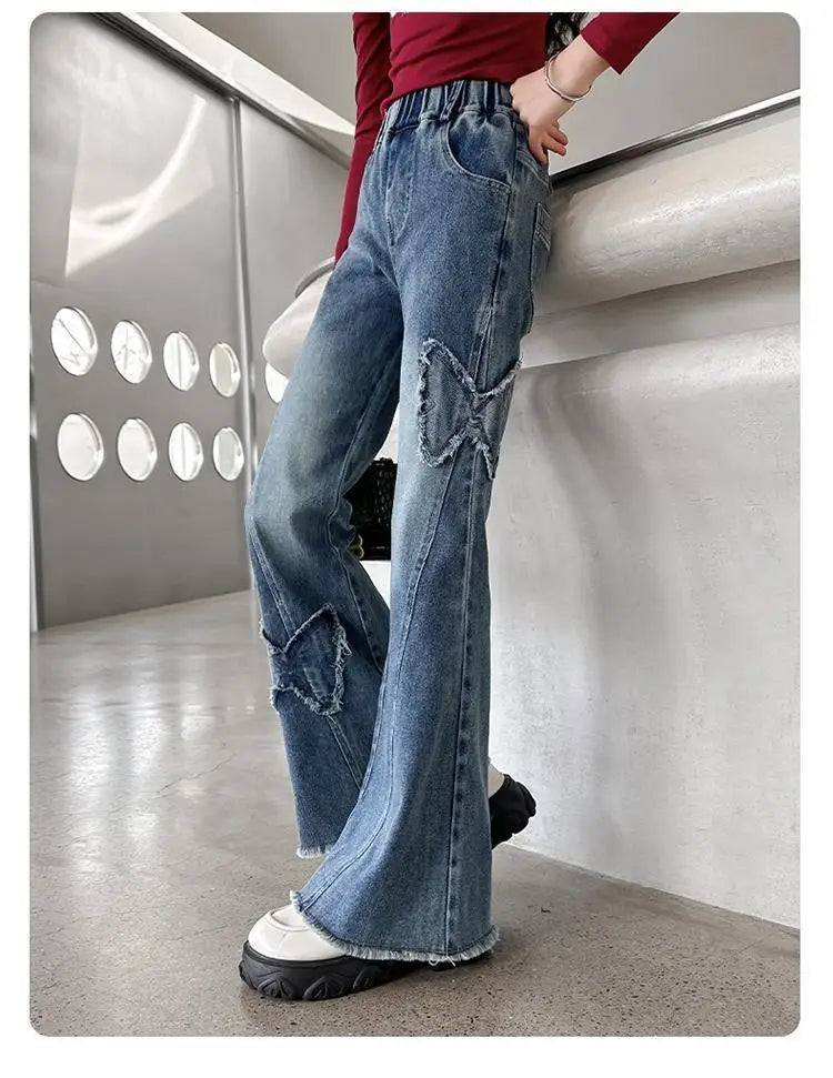 New Junior Girls Denim Pants Ins Bow Patchwork Children Girls Flared Pant Loose Elastic Waist Casual 4-14Y School Girls Trousers