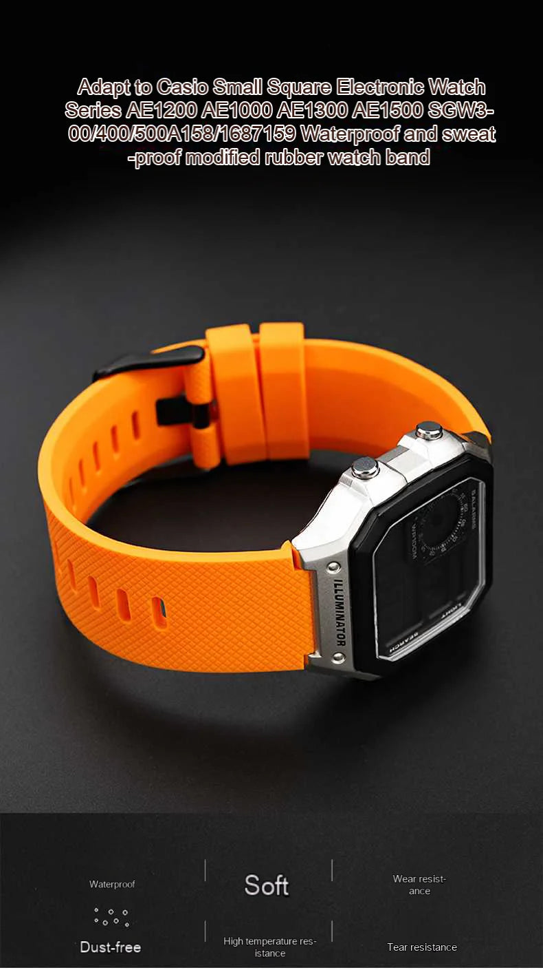 Soft Silicone Bracelet Suitable for Casio small block AE1200/1300 SGW400 AQ-150W modified silicone watch strap 18mm black orange