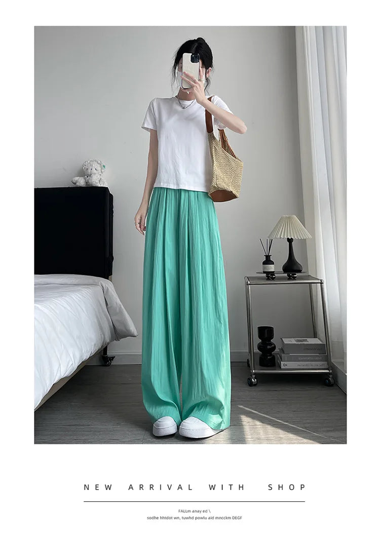 BIVIGAOS Lazy Style Loose Wide Leg Pants Women Summer Coloured Thin Casual Tide Straight Ice Silk Japanese Sunscreen Pants