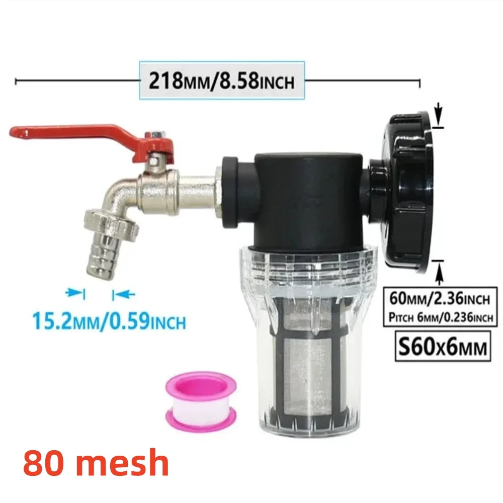 IBC Tank Tap Adapter Filter S60 Thread To 15-16mm Garden Hose Connector Faucet Alloy Ball Valve 1000 Liter Rain Barrel Fitting