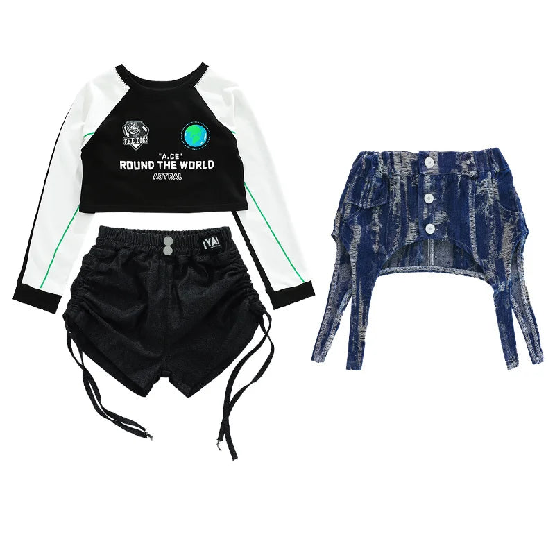 junior girls Hip hop Street Dance Jazz Clothes Set Vest Short hoodie Cagro Pants (short) Streetwear junior Child Kid outfits 170