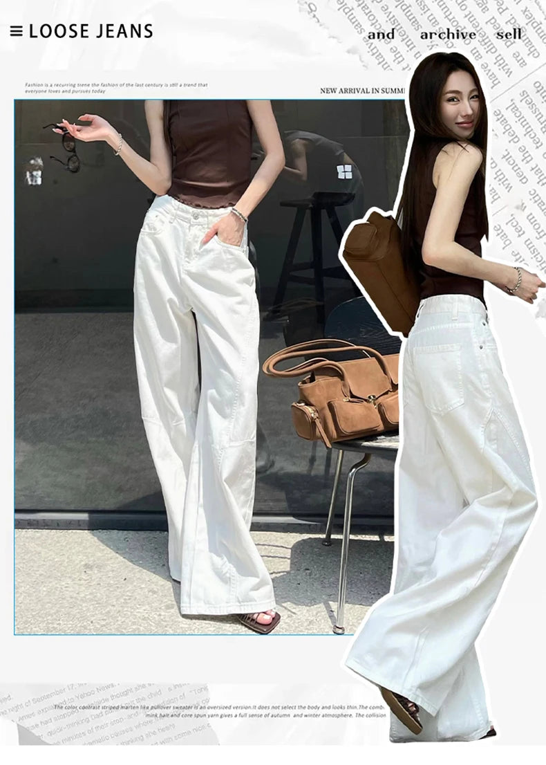 KSTUN 2025 Summer New Women's White Jeans Low Waist Wide Leg Jeans Denim Pants Losoe Fitness Girls Casual Dragging Pants Striped