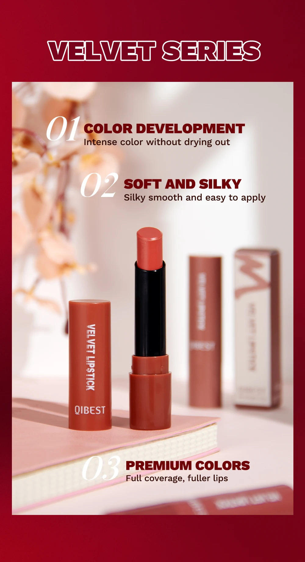 QIBEST Nude Lipstick Matte Lip Gloss High Pigment Makeup Classic Sexy Lipgloss Non-Stick Cup Long Lasting Red Lip Tint Cosmetics
