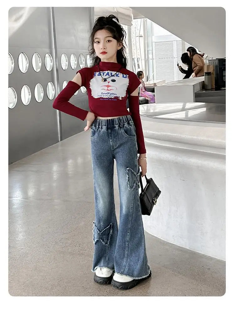 New Junior Girls Denim Pants Ins Bow Patchwork Children Girls Flared Pant Loose Elastic Waist Casual 4-14Y School Girls Trousers