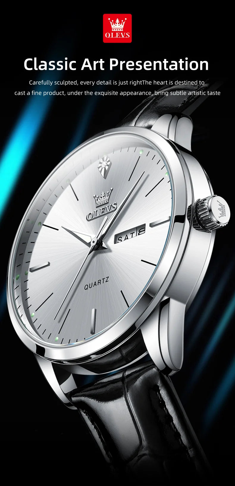 OLEVS 2935 Original Business Men Watch Leather Strap Trend Week Calendar Quartz Watch Luminous Waterproof 43mm Dial wristwatch