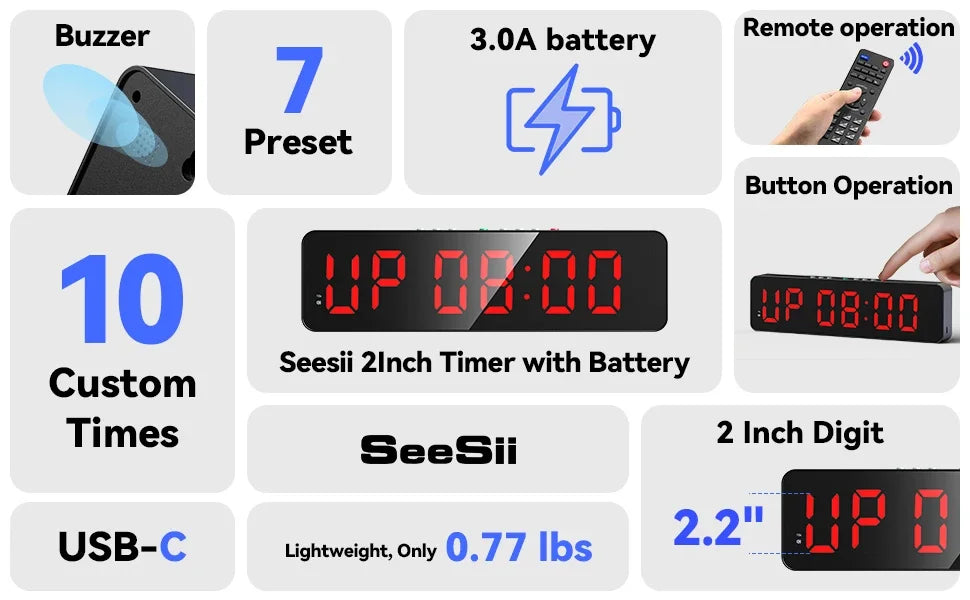 Remote Gym Timer 2 inch Ultra-Clear Interval Time Timers with LED Countdown/Up Wall Clock Battery Power Fitness Timer Stopwatch