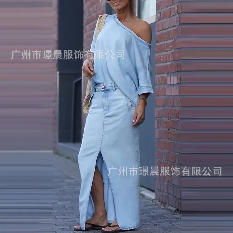 Denim Blue Fashion Split Skirt 2 Piece Set Casual Loose Off-the-shoulder Top + Slim Elegant Pencil Skirt Two-piece Set Women's
