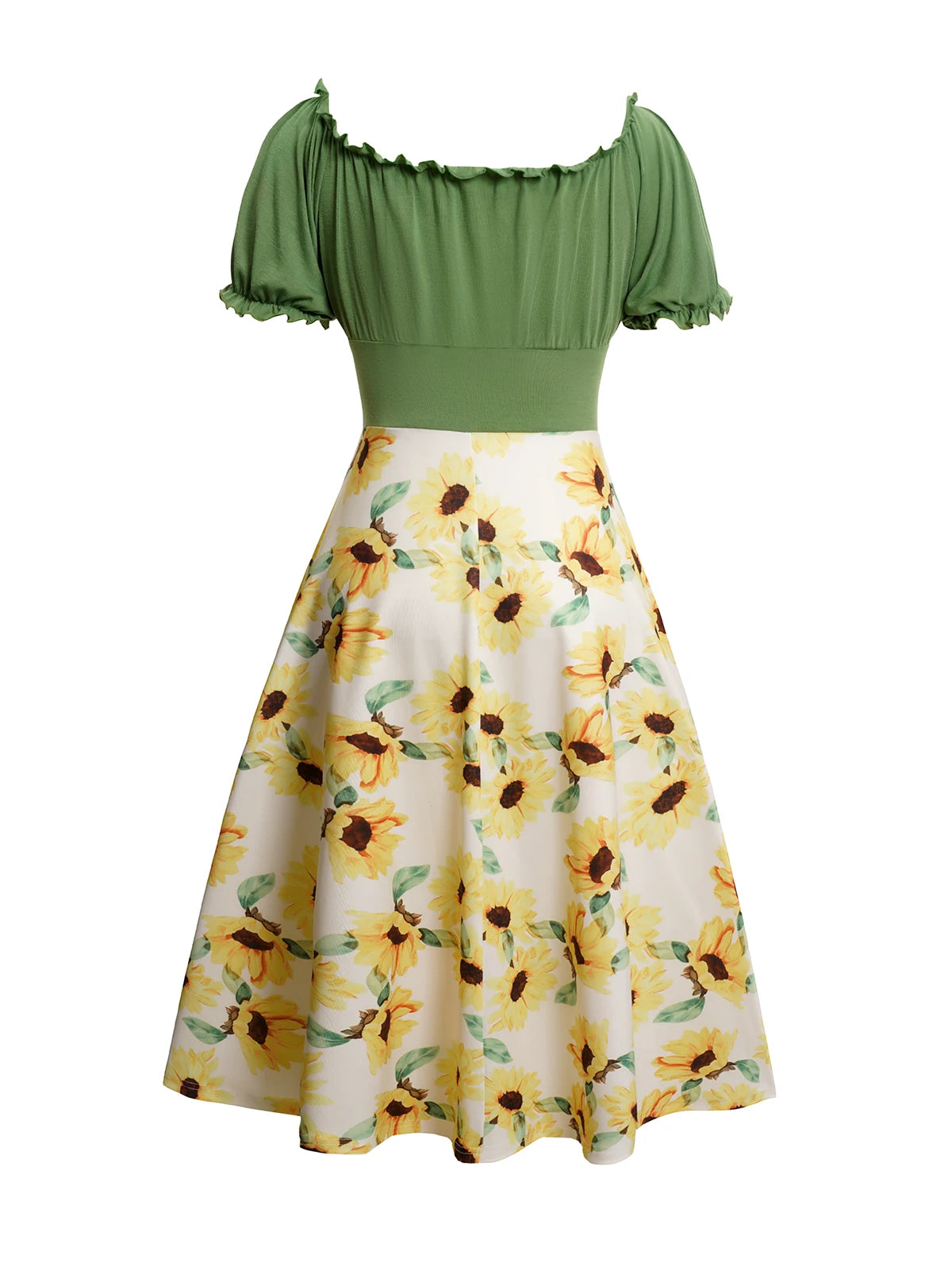 2024 Womens Dresses Sunflower Print Lace Up Ruffle Sleeve Neck Dress Off The Shoulder Summer Casual Dress