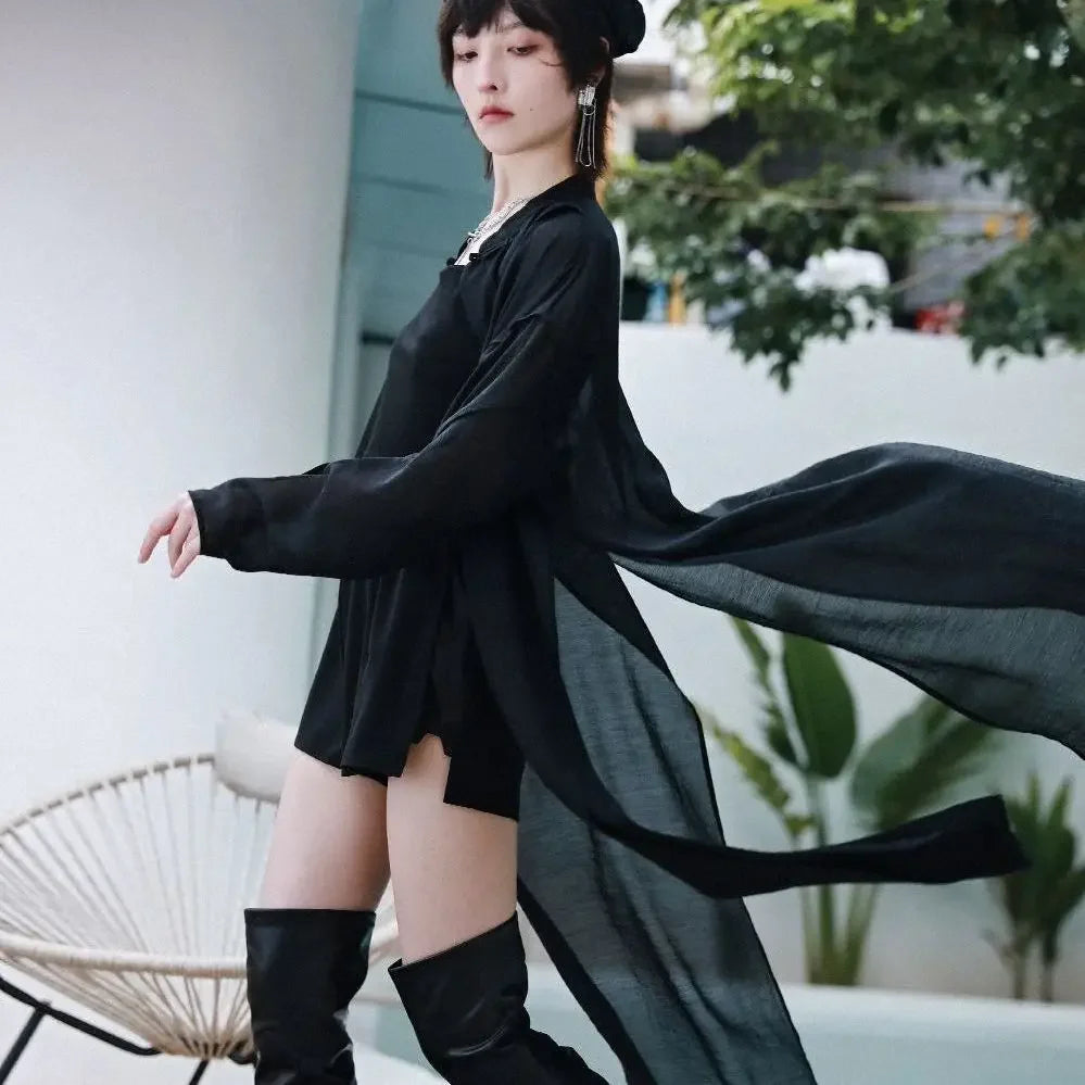 Chinese Style Vintage Blouse for Women Stand Neck Long Sleeve Shirts Split See Throught Casual Blusas De Mujer Oversized Tops