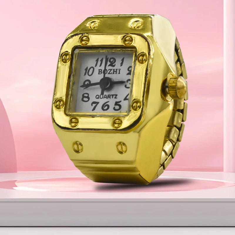 The New Best-Selling Ring Watch Features A Creative Golden Alloy Case With A Finger Square Dial For Couples And Men